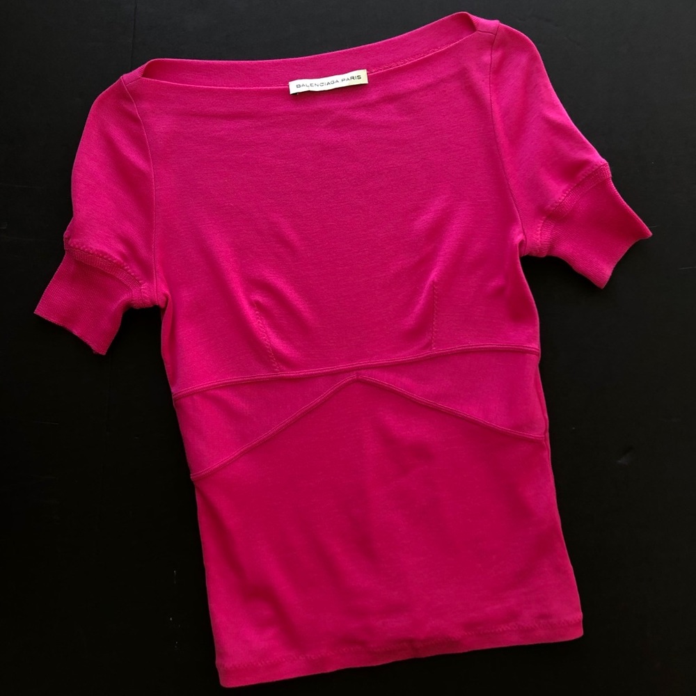 BALENCIAGA hot pink ribbed t shirt